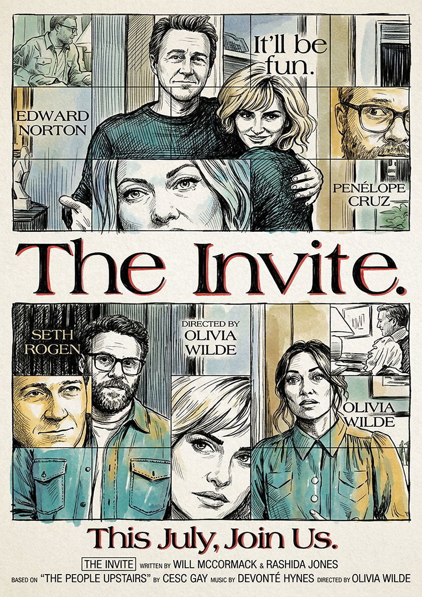 Hand-drawn illustrative movie poster for The Invite featuring Edward Norton, Penélope Cruz, Seth Rogen, and Olivia Wilde